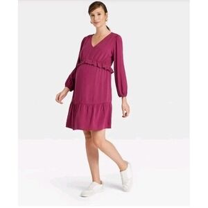 Isabel Maternity Tiered Long Sleeve Fuschia Ruffle Dress Sz‎ Small